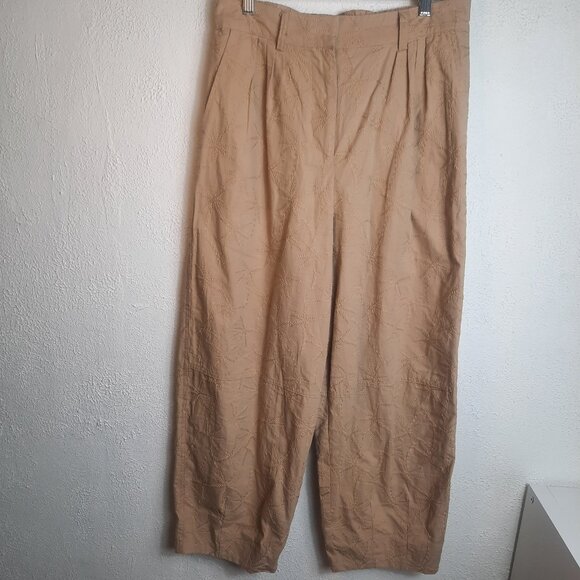 House Of Harlow 1960 Khaki Tan Palm Tree Embroidered Barrel Leg Trouser Pants M - Picture 1 of 5
